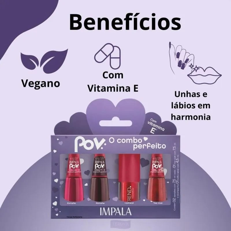 Kit Pov 2 Esmaltes + 1 Top Coat + 1 Gloss Labial Antonela - Impala