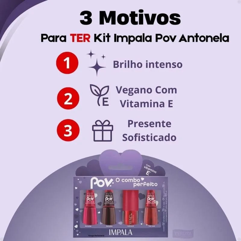 Kit Pov 2 Esmaltes + 1 Top Coat + 1 Gloss Labial Antonela - Impala
